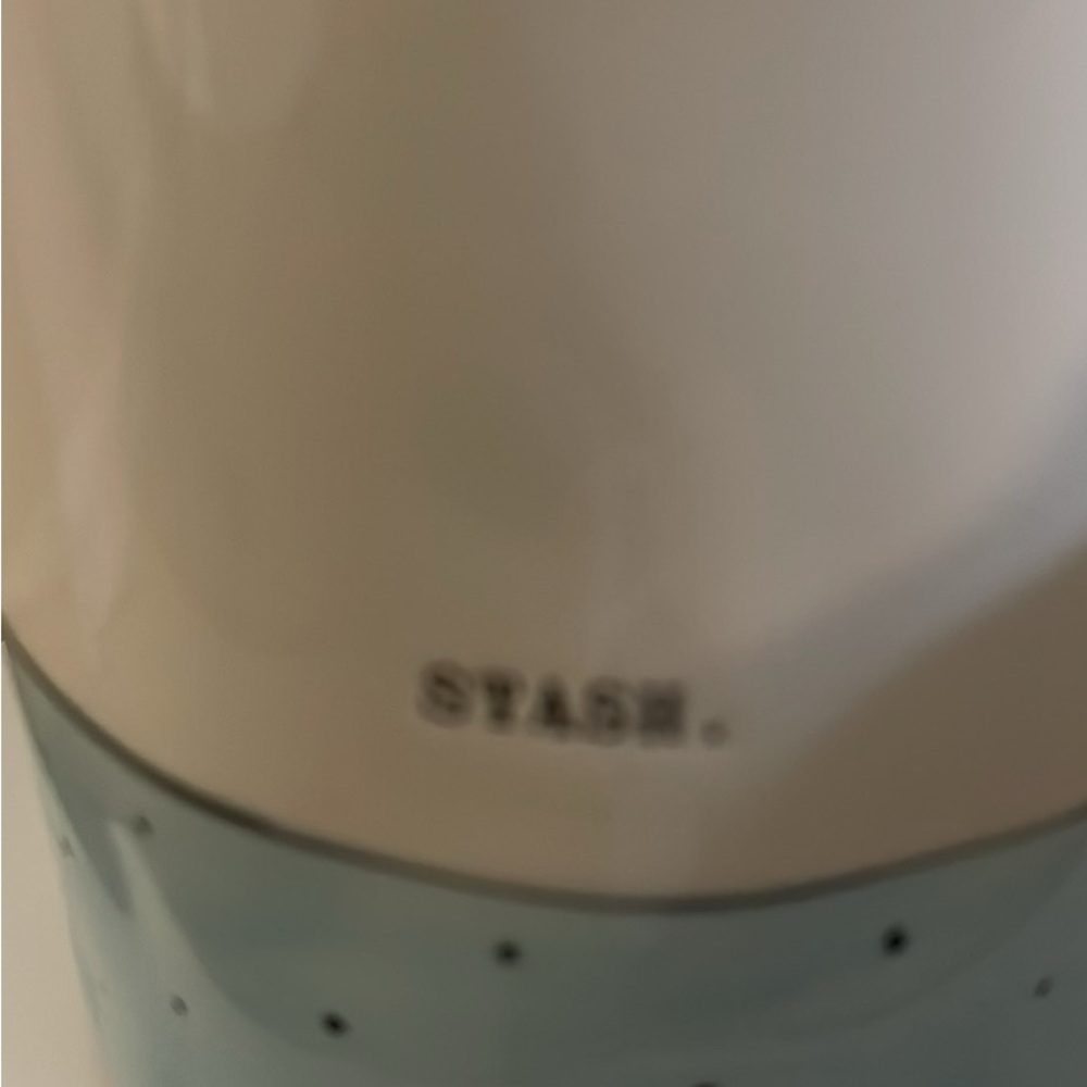 Rae Dunn Stash White and Blue Polka Dot container